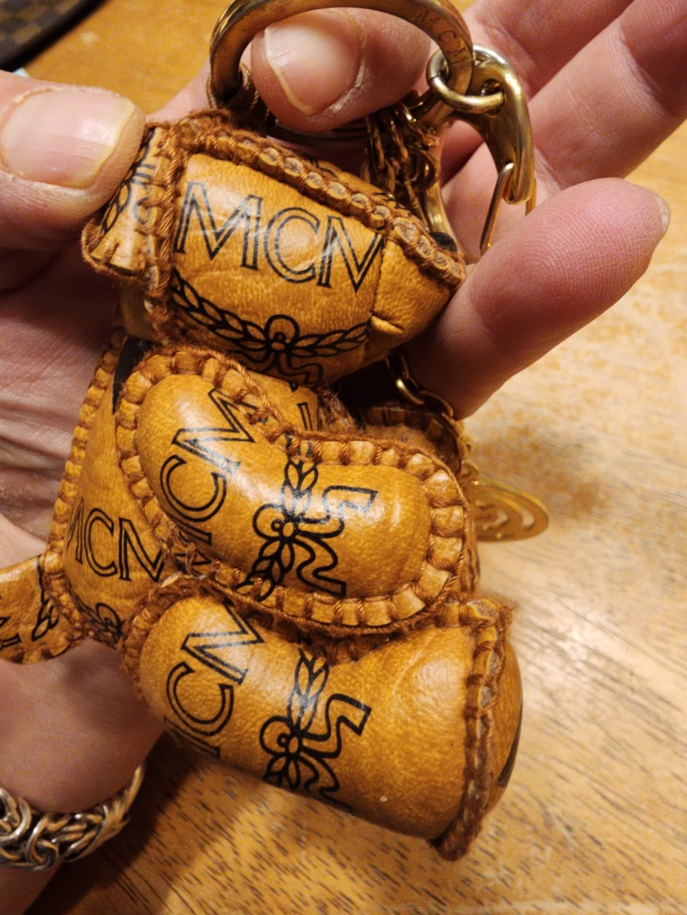 MCM Cognac Brown Leather Bear Keychain with Gold Hardware